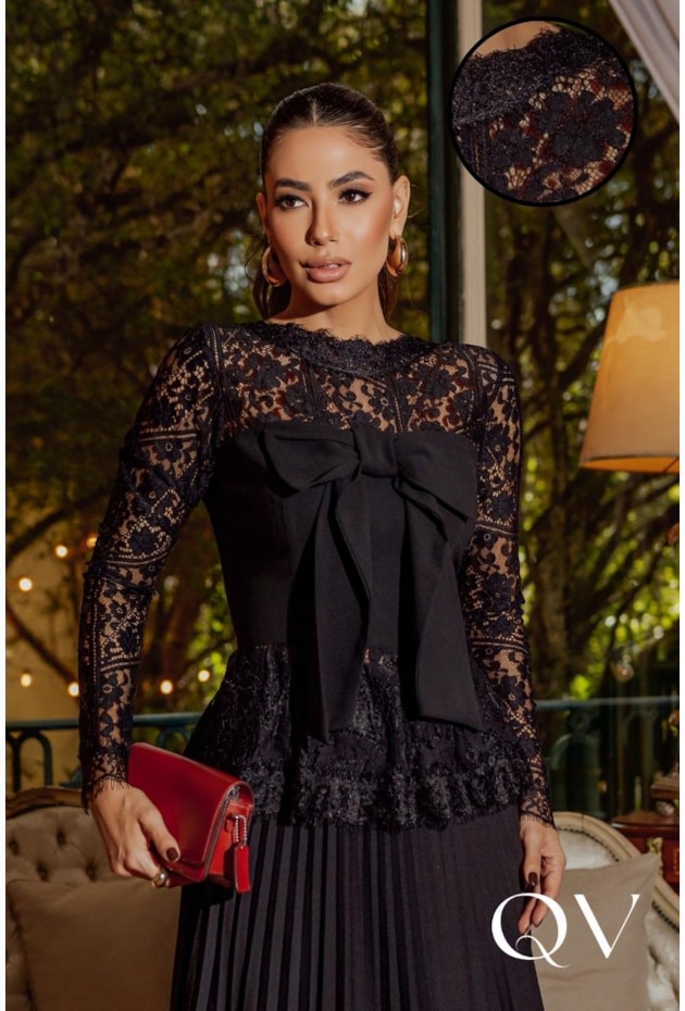 BLUSA EM RENDA E CHIFFON COM LAÇO PRETO - LUZIA FAZZOLLI