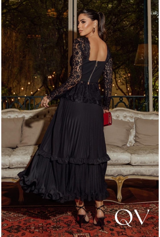 BLUSA EM RENDA E CHIFFON COM LAÇO PRETO - LUZIA FAZZOLLI