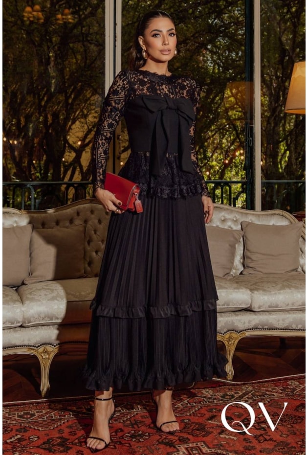 BLUSA EM RENDA E CHIFFON COM LAÇO PRETO - LUZIA FAZZOLLI