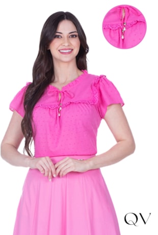 BLUSA EM TECIDO PLANO TEXTURIZADO E GUIPIR ROSA - HAPUK