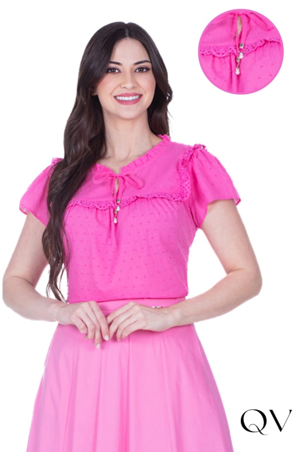 BLUSA EM TECIDO PLANO TEXTURIZADO E GUIPIR ROSA - HAPUK BLUSA EM TECIDO PLANO TEXTURIZADO E GUIPIR ROSA - HAPUK