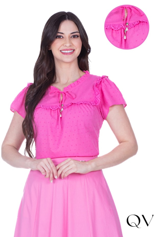 BLUSA EM TECIDO PLANO TEXTURIZADO E GUIPIR ROSA - HAPUK