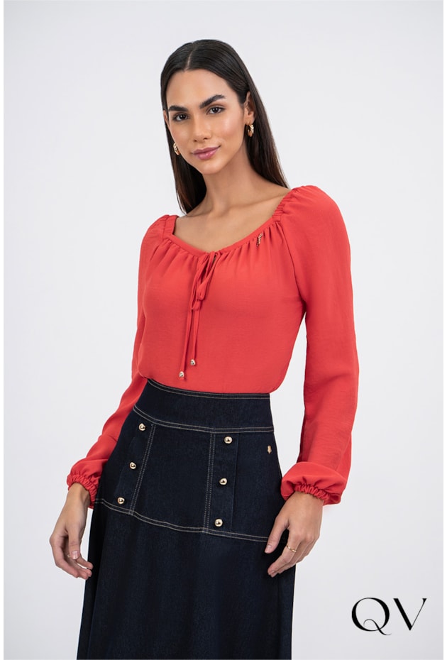 BLUSA EM TECIDO PLANO VERMELHO CEREJA - VIA TOLENTINO