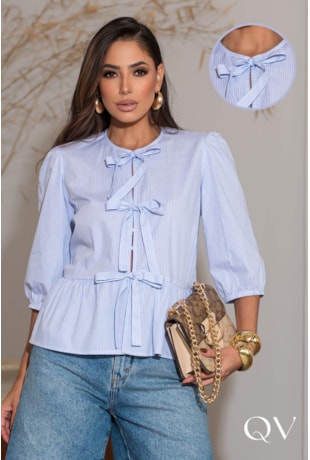 BLUSA EM TRICOLINE LAÇOS LISTRADO AZUL - LUZIA FAZZOLLI BLUSA EM TRICOLINE LAÇOS LISTRADO AZUL - LUZIA FAZZOLLI