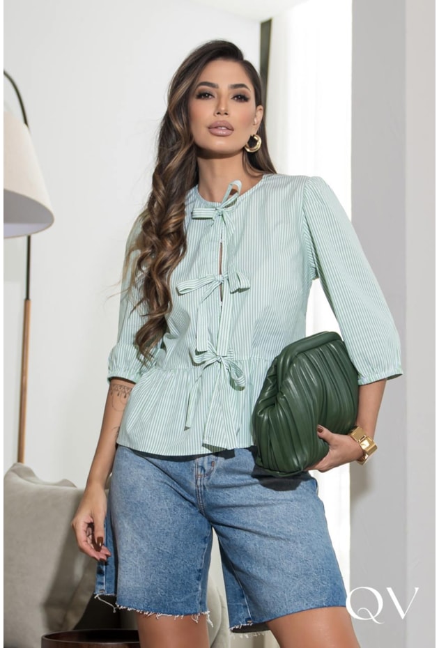 BLUSA EM TRICOLINE LAÇOS LISTRADO VERDE - LUZIA FAZZOLLI