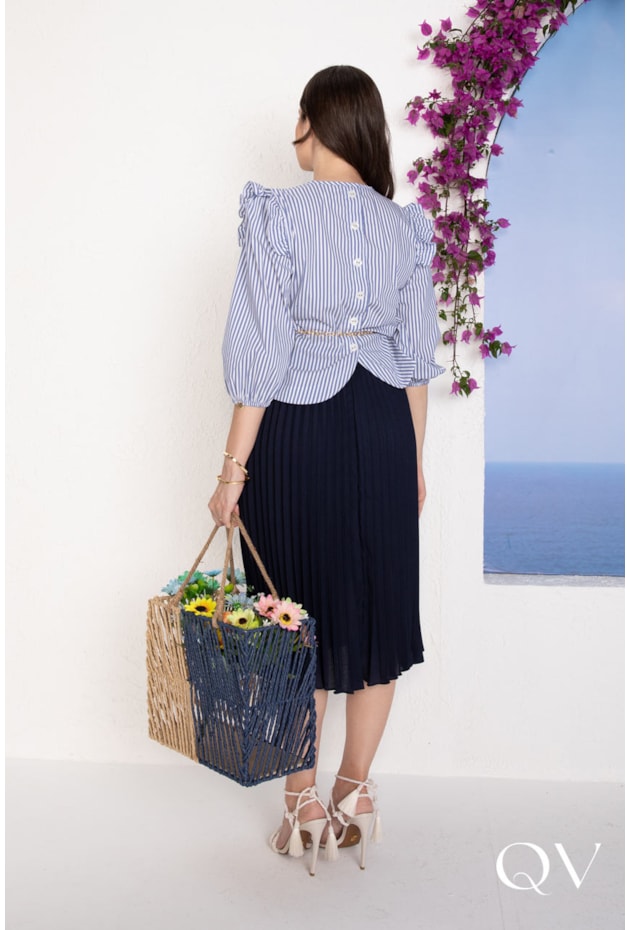 BLUSA EM TRICOLINE LISTRADO COM TRANSPASSE BRANCO - LEKAZIS BLUSA EM TRICOLINE LISTRADO COM TRANSPASSE BRANCO - LEKAZIS