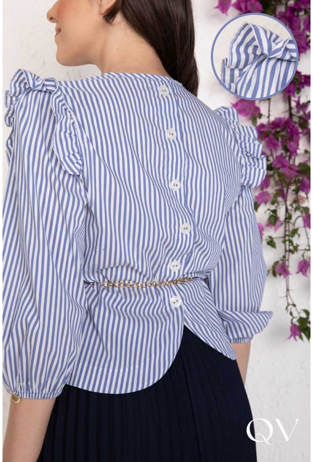 BLUSA EM TRICOLINE LISTRADO COM TRANSPASSE BRANCO - LEKAZIS BLUSA EM TRICOLINE LISTRADO COM TRANSPASSE BRANCO - LEKAZIS