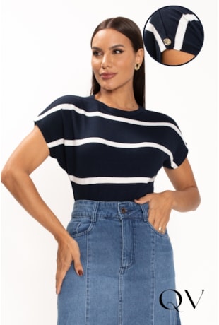 BLUSA EM TRICOT COM LISTRAS BRANCAS AZUL MARINHO - LEKAZIS