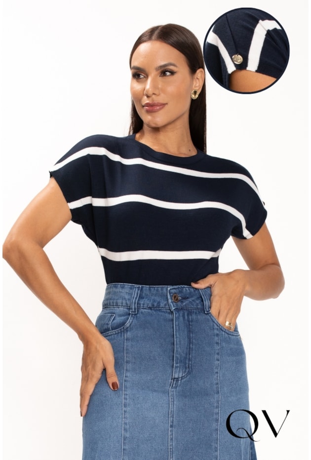 BLUSA EM TRICOT COM LISTRAS BRANCAS AZUL MARINHO - LEKAZIS