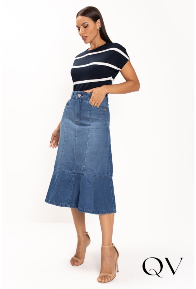 BLUSA EM TRICOT COM LISTRAS BRANCAS AZUL MARINHO - LEKAZIS