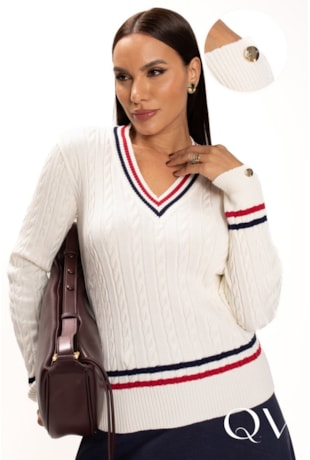 BLUSA EM TRICOT COM LISTRAS VERMELHO E AZUL MARINHO OFF WHITE - LEKAZIS