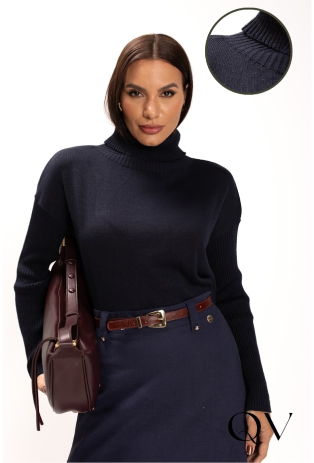 BLUSA EM TRICOT GOLA ALTA AMPLA MARINHO - LEKAZIS