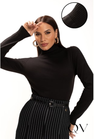 BLUSA EM TRICOT VISCOSE GOLA ALTA PRETO - LEKAZIS