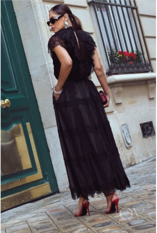 BLUSA EM TULE COM RENDA CHANTILLY POÁ PRETO - LUZIA FAZZOLLI