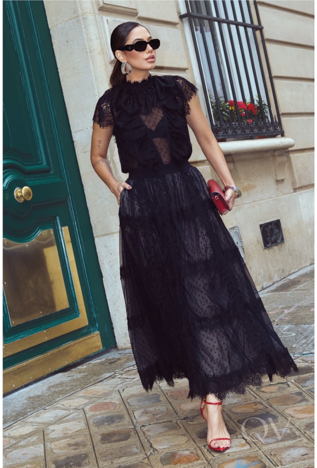 BLUSA EM TULE COM RENDA CHANTILLY POÁ PRETO - LUZIA FAZZOLLI