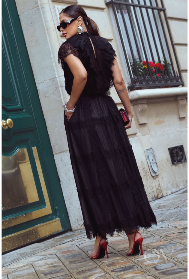 BLUSA EM TULE COM RENDA CHANTILLY POÁ PRETO - LUZIA FAZZOLLI