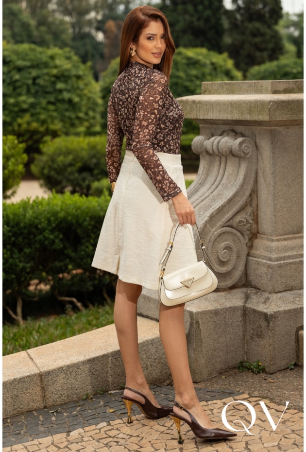 BLUSA EM TULE ESTAMPA FLORAL MARROM - JANY PIM