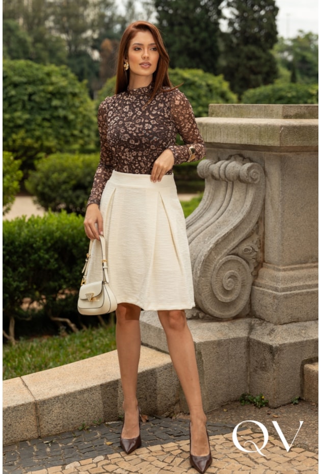 BLUSA EM TULE ESTAMPA FLORAL MARROM - JANY PIM