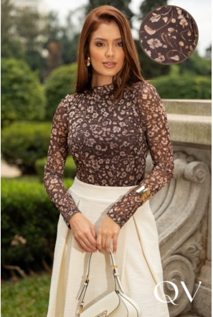 BLUSA EM TULE ESTAMPA FLORAL MARROM - JANY PIM