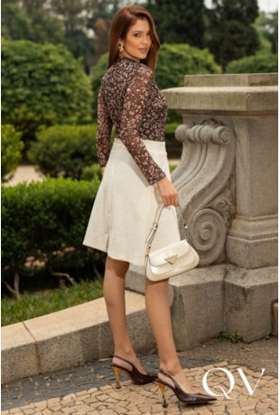 BLUSA EM TULE ESTAMPA FLORAL MARROM - JANY PIM