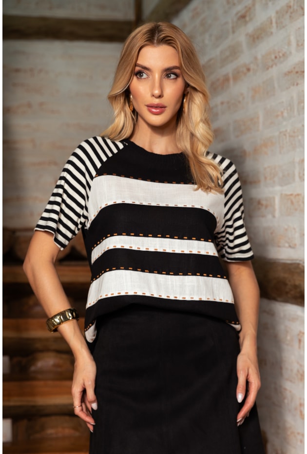 BLUSA EM VISCOLINHO BICOLOR PRETO - ARTSY