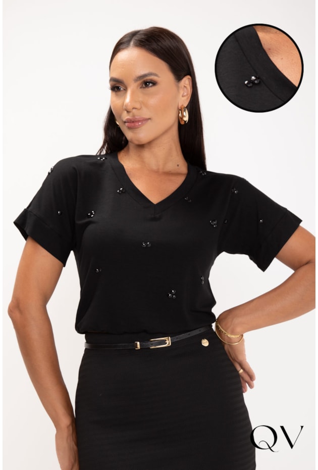 BLUSA EM VISCOLYCRA BORDADO PRETO - LEKAZIS