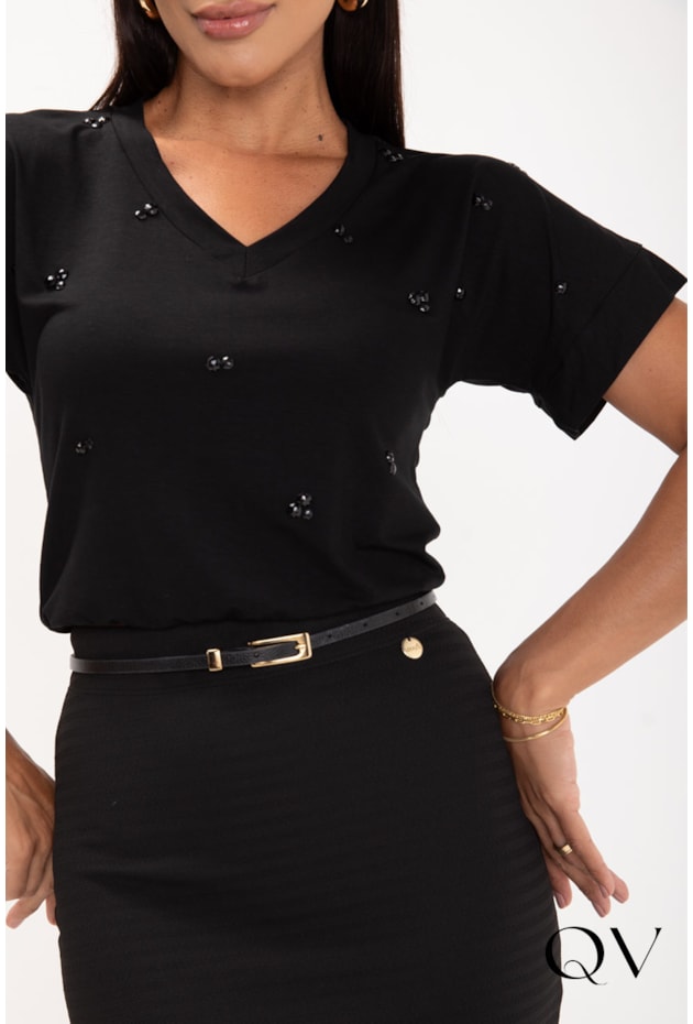 BLUSA EM VISCOLYCRA BORDADO PRETO - LEKAZIS