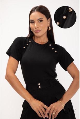 BLUSA EM VISCOLYCRA COM BOTÕES FRONTAIS PRETO - LEKAZIS