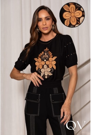 BLUSA EM VISCOSE COM LINHO ESTAMPADO PRETO - ARTSY