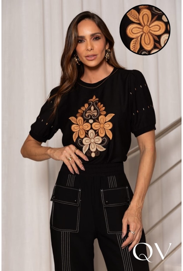 BLUSA EM VISCOSE COM LINHO ESTAMPADO PRETO - ARTSY