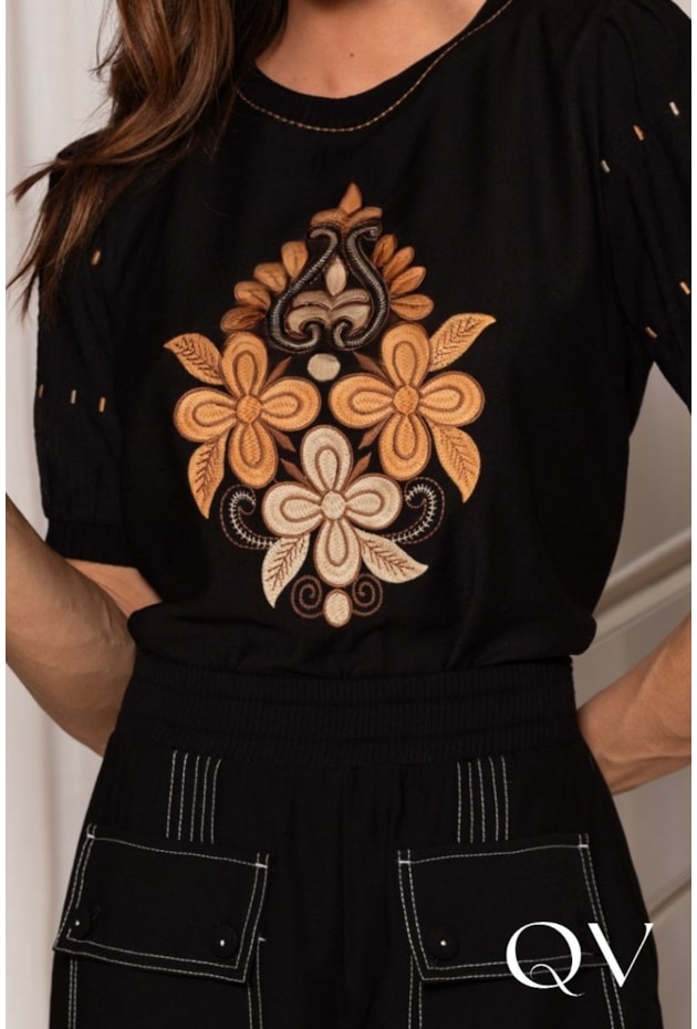 BLUSA EM VISCOSE COM LINHO ESTAMPADO PRETO - ARTSY
