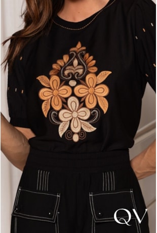 BLUSA EM VISCOSE COM LINHO ESTAMPADO PRETO - ARTSY BLUSA EM VISCOSE COM LINHO ESTAMPADO PRETO - ARTSY