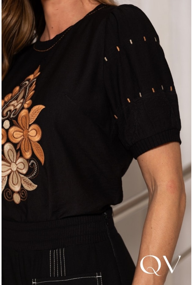 BLUSA EM VISCOSE COM LINHO ESTAMPADO PRETO - ARTSY