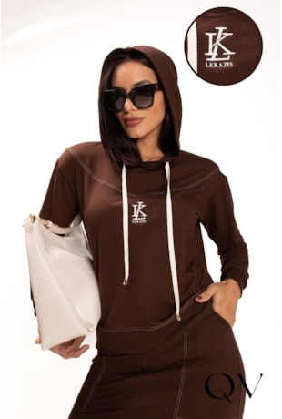 BLUSA EM VISCOSE MOLETOM COM CAPUZ MARROM - LEKAZIS