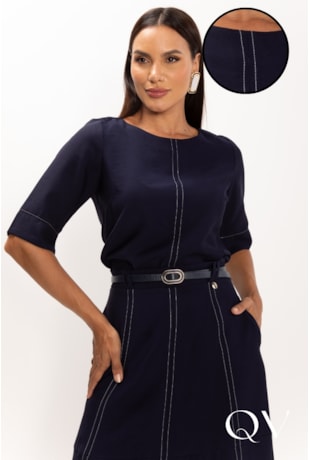 BLUSA EM VISCOSE PESPONTADA AZUL MARINHO - LEKAZIS