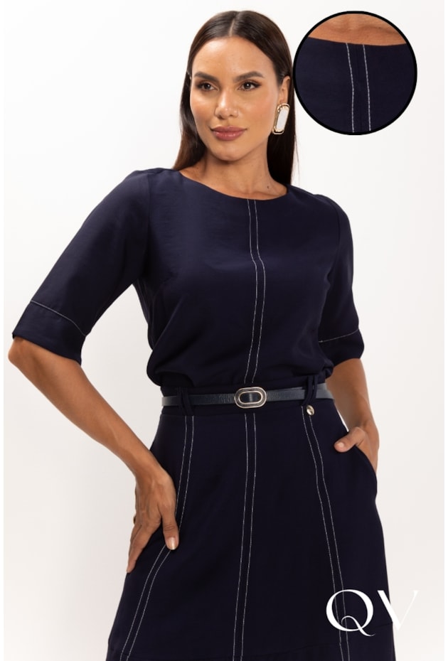 BLUSA EM VISCOSE PESPONTADA AZUL MARINHO - LEKAZIS