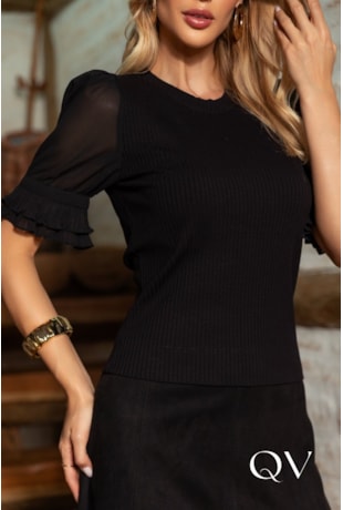 BLUSA EM VISCOSE TEXTURIZADO MANGAS TULE PRETO - ARTSY