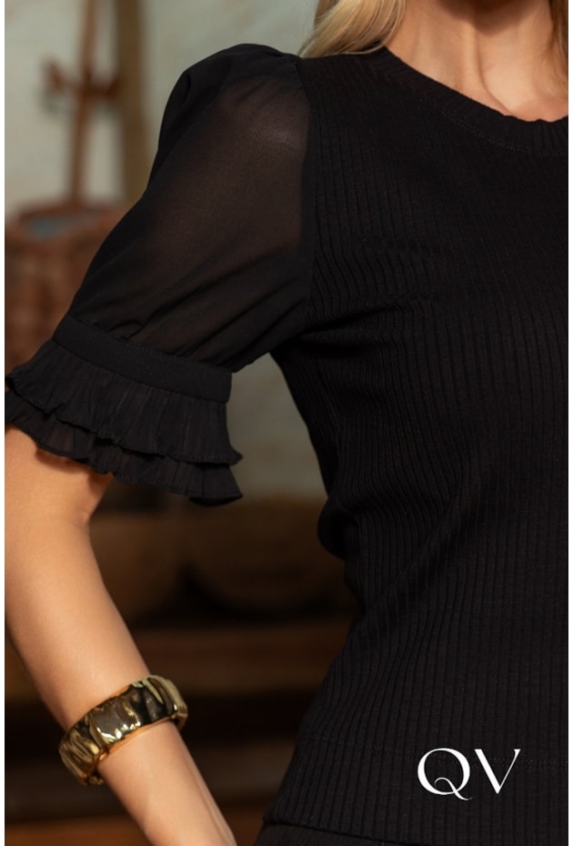 BLUSA EM VISCOSE TEXTURIZADO MANGAS TULE PRETO - ARTSY BLUSA EM VISCOSE TEXTURIZADO MANGAS TULE PRETO - ARTSY