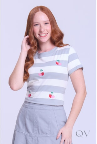 BLUSA ESTAMPA CEREJA EM MALHA DE ALGODÃO CINZA - HAPUK