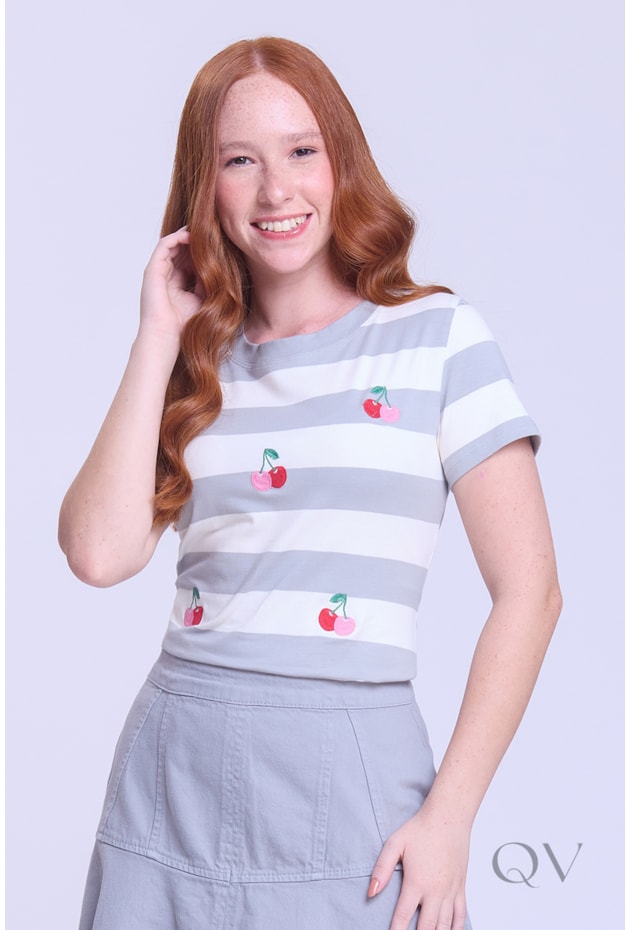 BLUSA ESTAMPA CEREJA EM MALHA DE ALGODÃO CINZA - HAPUK