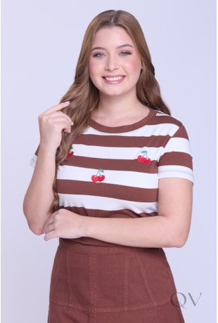 BLUSA ESTAMPA CEREJA EM MALHA DE ALGODÃO MARROM - HAPUK