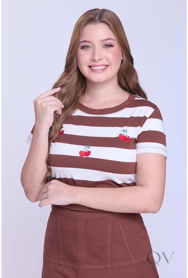 BLUSA ESTAMPA CEREJA EM MALHA DE ALGODÃO MARROM - HAPUK
