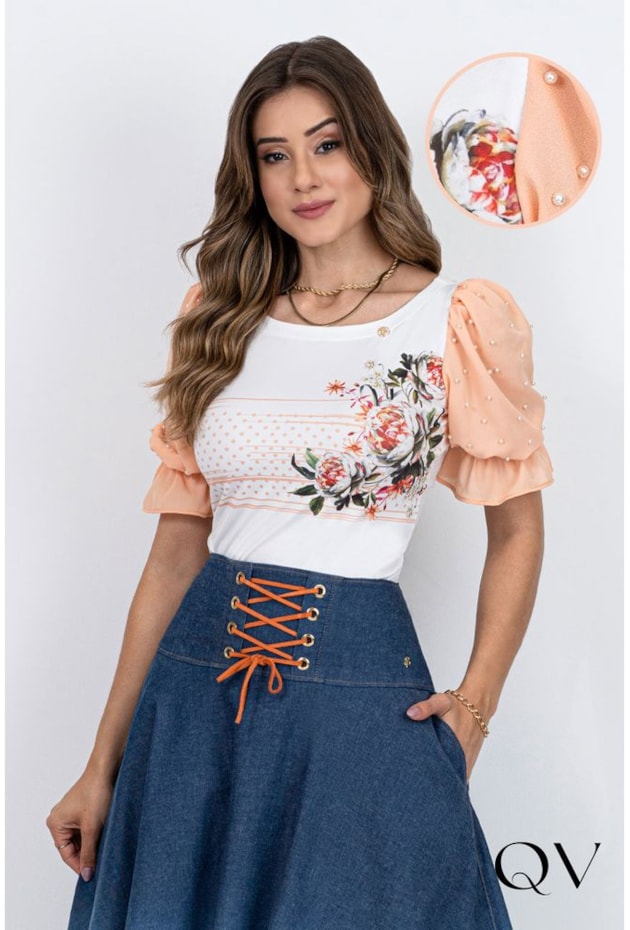 BLUSA ESTAMPA FRONTAL E PÉROLAS SALMÃO - VIA TOLENTINO BLUSA ESTAMPA FRONTAL E PÉROLAS SALMÃO - VIA TOLENTINO