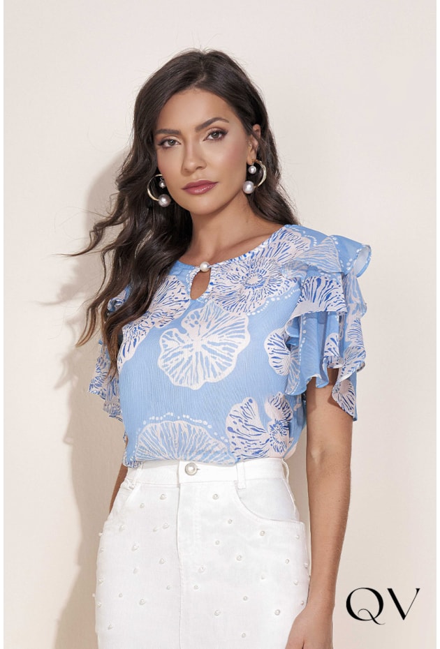 BLUSA ESTAMPADA COM FOLHOS - Azul / Branco