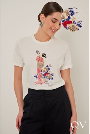 BLUSA ESTAMPADA EM MALHA GAZE OFF WHITE - LINDA DE MORRER