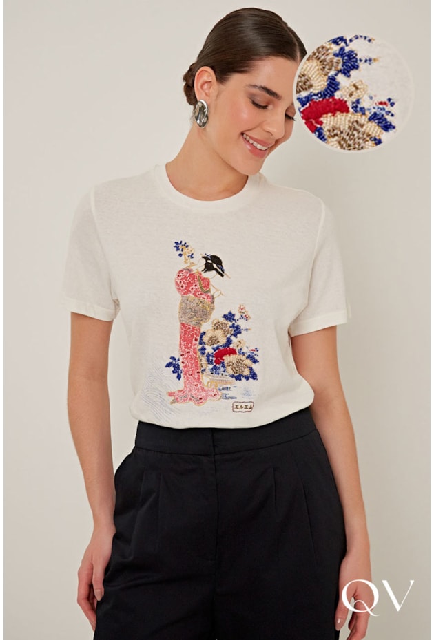 BLUSA ESTAMPADA EM MALHA GAZE OFF WHITE - LINDA DE MORRER