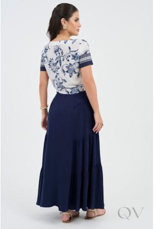 BLUSA ESTAMPADA EM PLANO COM AMARRAÇÃO AZUL MARINHO - VIA TOLENTINO