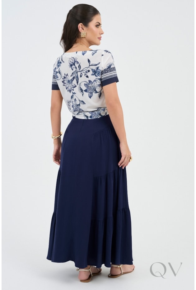 BLUSA ESTAMPADA EM PLANO COM AMARRAÇÃO AZUL MARINHO - VIA TOLENTINO