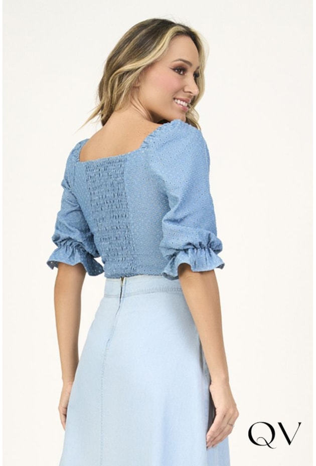 BLUSA JEANS COM DECOTE QUADRADO - VIA TOLETINO BLUSA JEANS COM DECOTE QUADRADO - VIA TOLETINO