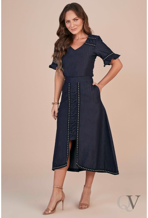 BLUSA JEANS DECOTE V E DETALHE AVIAMENTO - TITANIUM JEANS BLUSA JEANS DECOTE V E DETALHE AVIAMENTO - TITANIUM JEANS